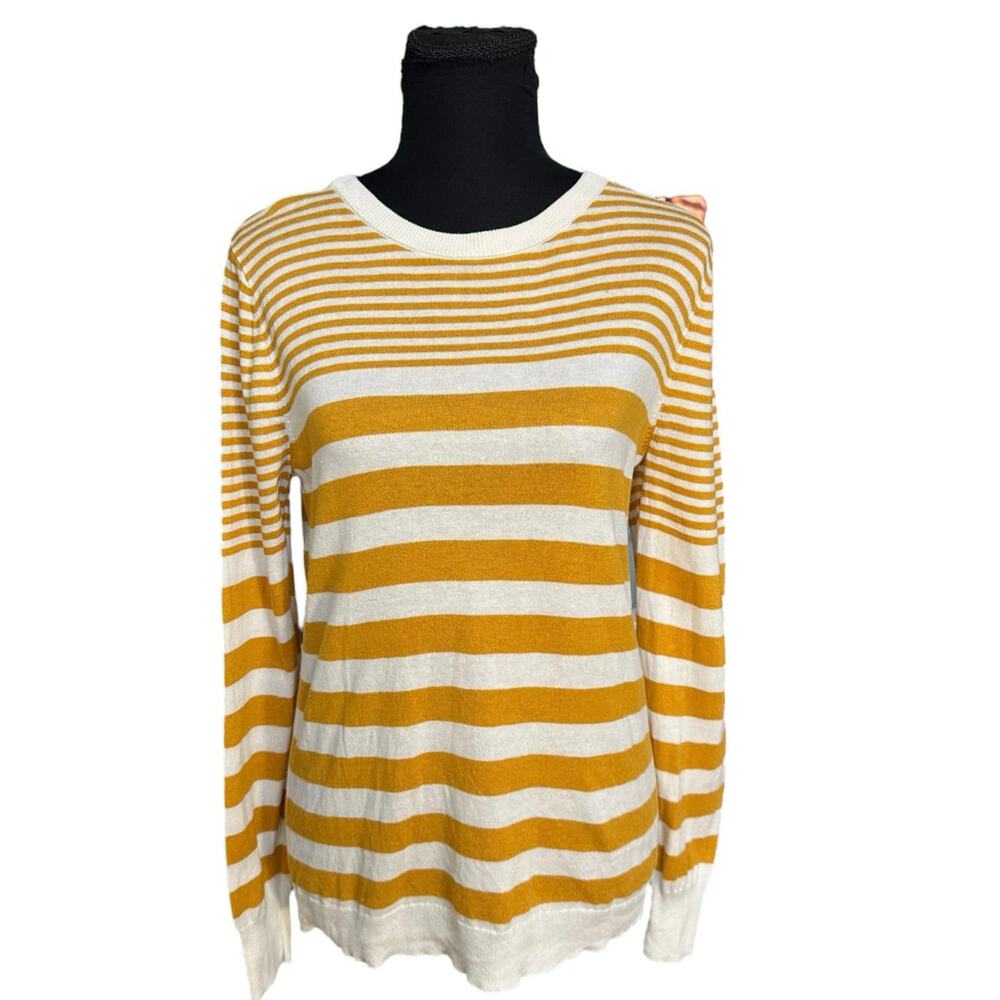 Market & Spruce Yellow and Cream Striped Long Sleeve Lightweight Sweater Size M